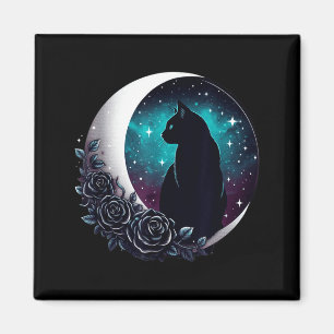 Aimant Chat Noir Mystique Avec Lune Et Roses Céleste