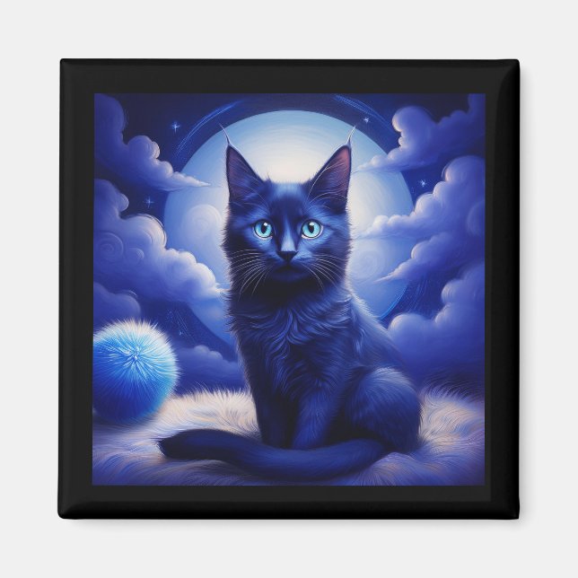 Aimant Chat noir posant devant la lune et des nuages blan (Devant)