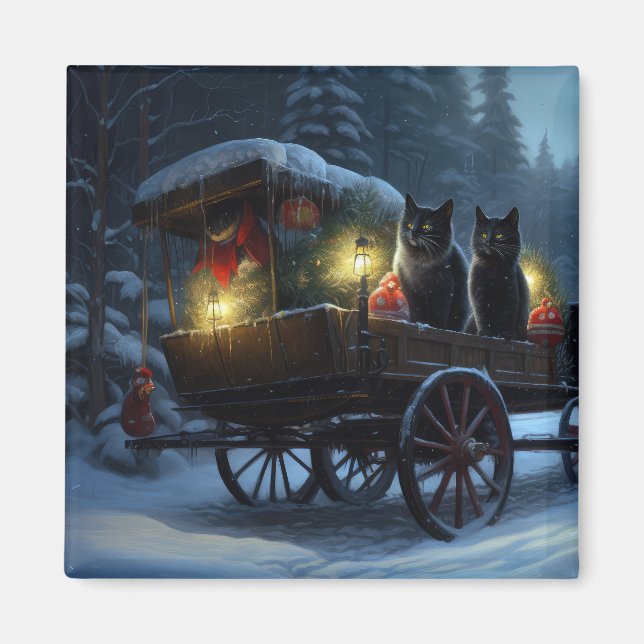 Aimant Chat noir Snowy Sleigh Ride Décor de Noël (Devant)