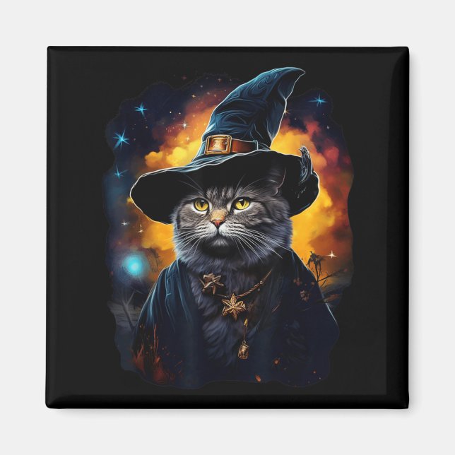 Aimant Chat Noir Sorcier Halloween Sorcière Mystique Noir (Devant)