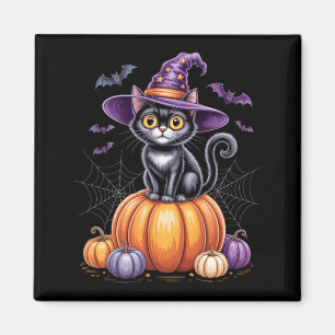 Aimant Chat Noir Sur Citrouille Avec Chapeau De Sorcière