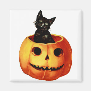 Aimant Chat noir vintage et Jack-o'-lantern de sourire