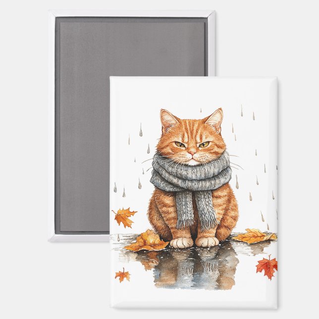 Aimant Chat orange grincheux sous la pluie (Recto/Verso)
