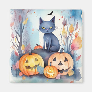 Aimant Chat Oriental Bleu d'Halloween avec des Citrouille
