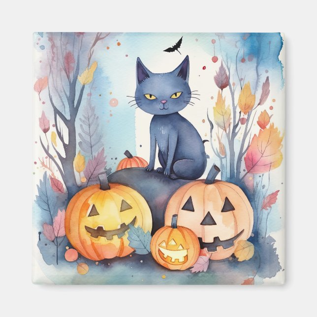 Aimant Chat Oriental Bleu d'Halloween avec des Citrouille (Devant)