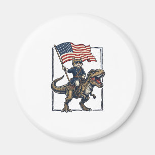 Aimant Chat Patriotique à Cheval sur un Dinosaure Design