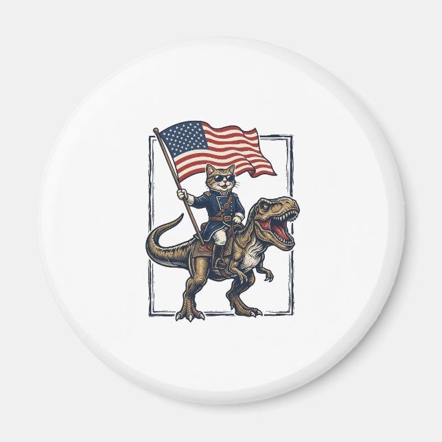 Aimant Chat Patriotique à Cheval sur un Dinosaure Design  (Devant)
