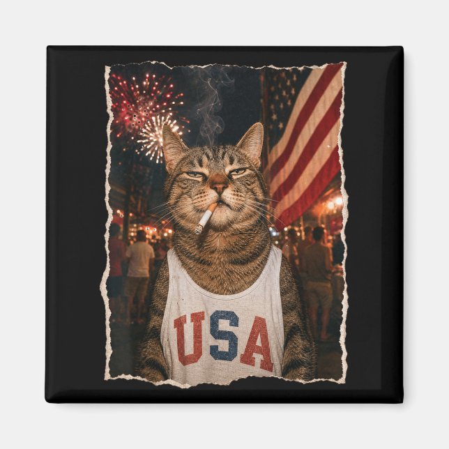 Aimant Chat patriotique du 4 juillet fumant une cigarette (Devant)