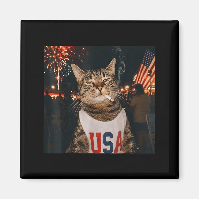 Aimant Chat patriotique du 4 juillet fumant une cigarette (Devant)