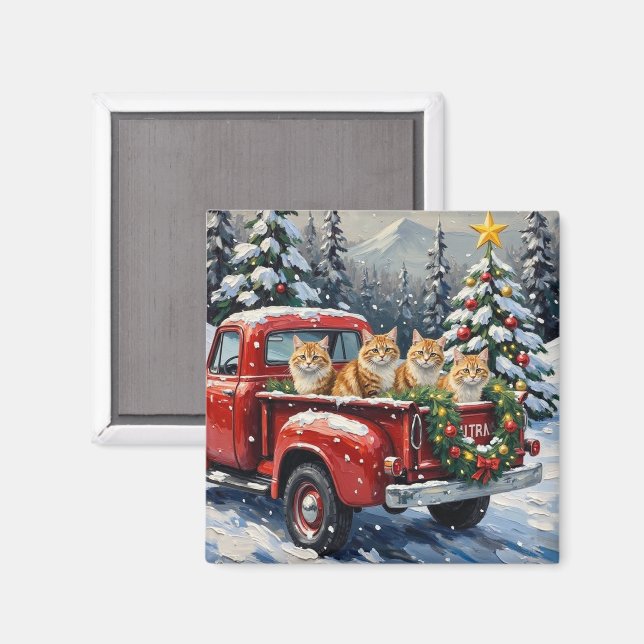 Aimant Chat Persan Camion Rouge de Noël Fêtes (Recto/Verso)