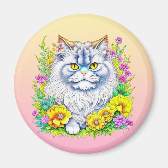 Aimant Chat Persan dans des fleurs jaunes et roses (Devant)