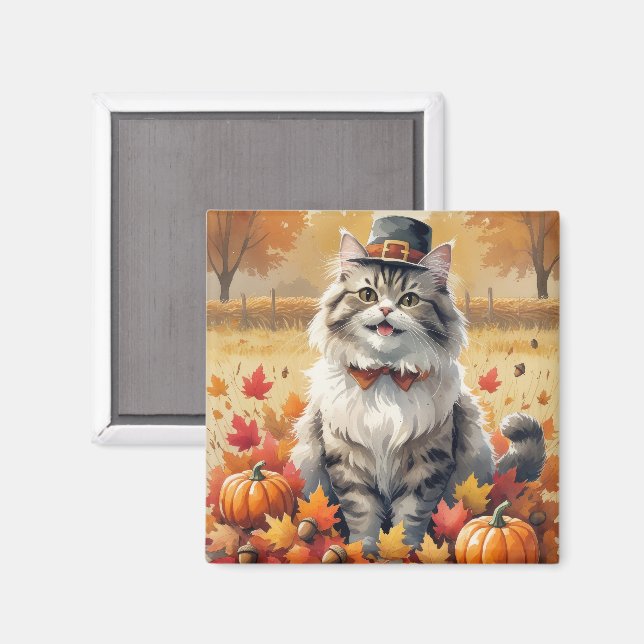 Aimant Chat Persan dans l'art de Thanksgiving aux feuille (Recto/Verso)