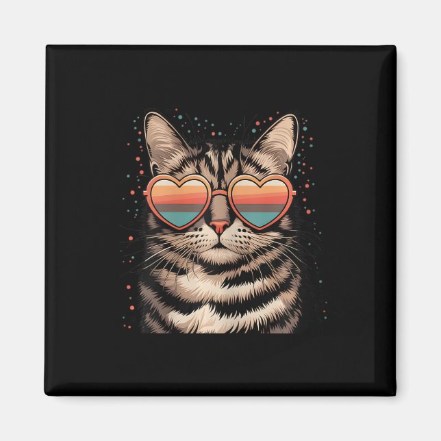 Aimant Chat Rétro Avec Lunettes Cœur Amour Chat Mignon Va (Devant)
