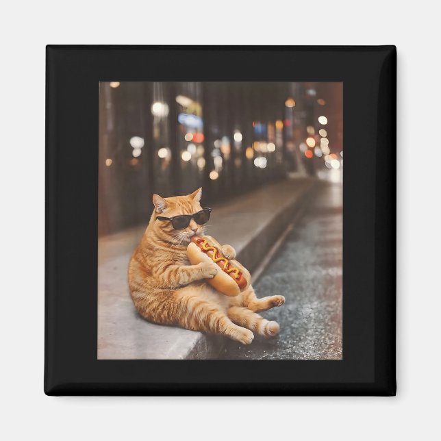 Aimant Chat Rouge Gros Mangeant Hot Dog Mème Drôle Glizzy (Devant)