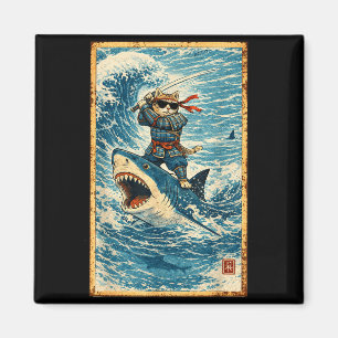 Aimant Chat Samouraï montant un requin Rétro Wave Guerrie