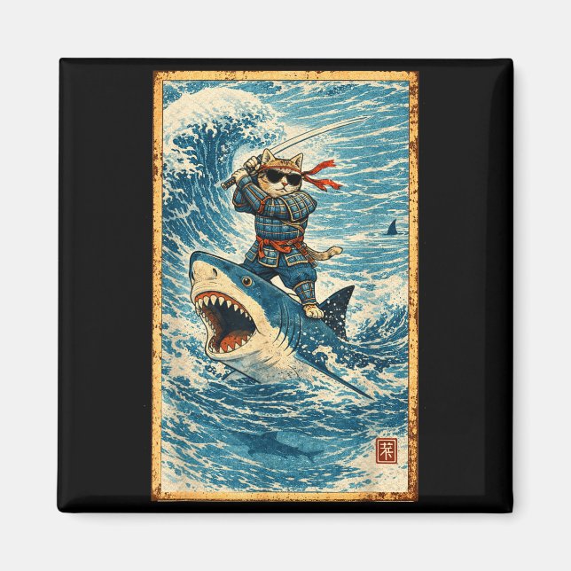 Aimant Chat Samouraï montant un requin Rétro Wave Guerrie (Devant)