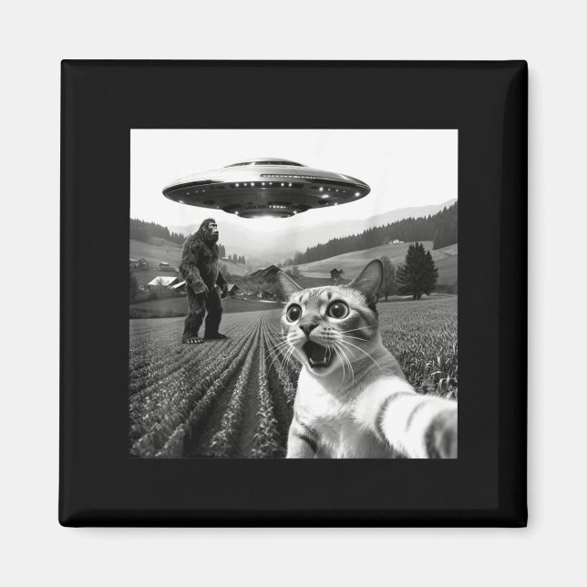 Aimant Chat selfie avec un alien UFO drôle de chat extrat (Devant)