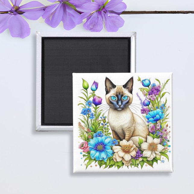 Aimant Chat siamois à l'aquarelle dans les fleurs (Créateur téléchargé)