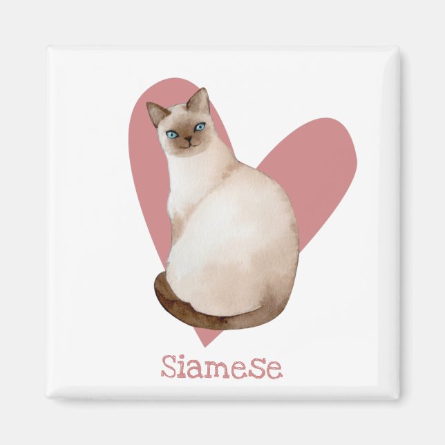 Aimant Chat Siamois Aquarelle Kitty Coeur rose (Devant)