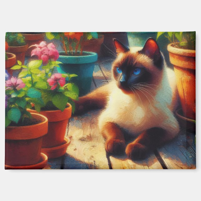 Aimant Chat siamois dans la peinture à l'huile du jardin (Recto)