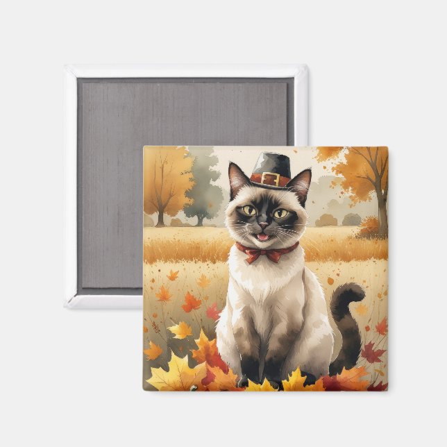 Aimant Chat siamois dans l'art de Thanksgiving aux feuill (Recto/Verso)