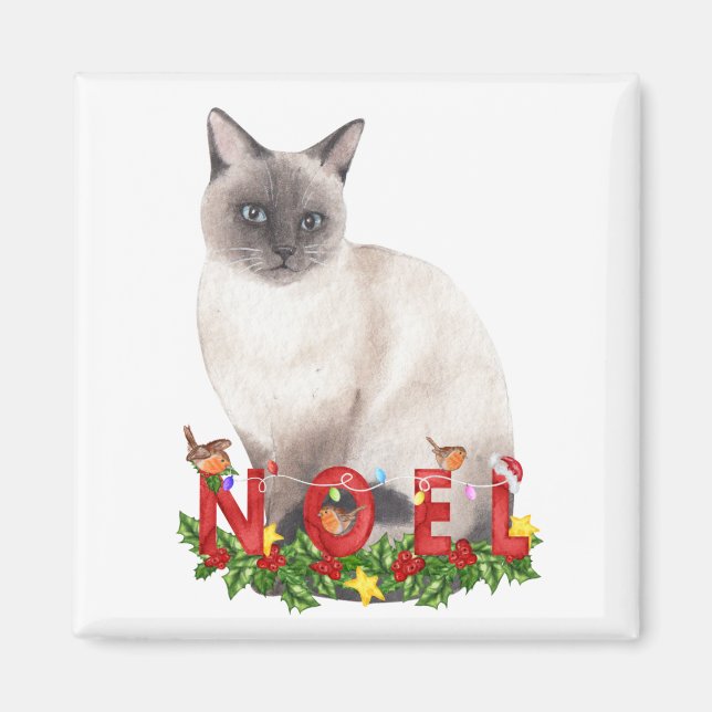 Aimant Chat siamois de Noël aquarelle   (Devant)