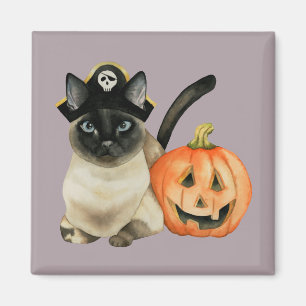 Aimant Chat siamois mignon de pirate avec Jack-o'-lantern