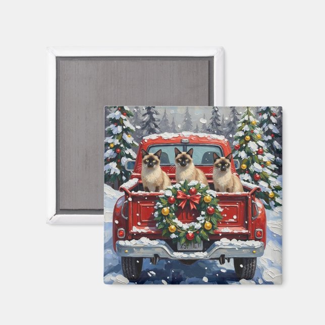Aimant Chat siamois Noël camion rouge Fêtes (Recto/Verso)
