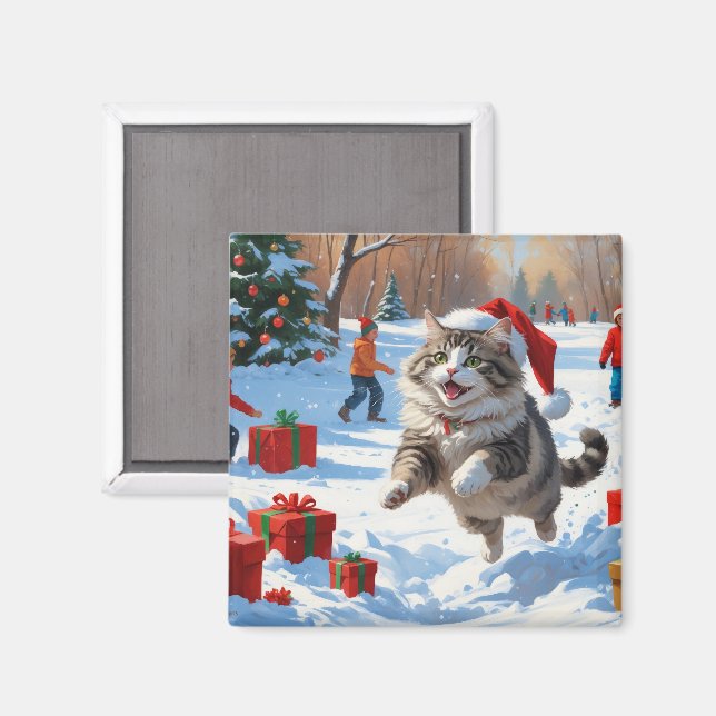 Aimant Chat Sibérien Courant dans la Neige avec un Chapea (Recto/Verso)
