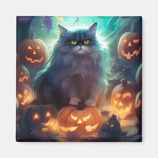 Aimant Chat Sibérien Halloween Avec Des Citrouilles Effra (Devant)
