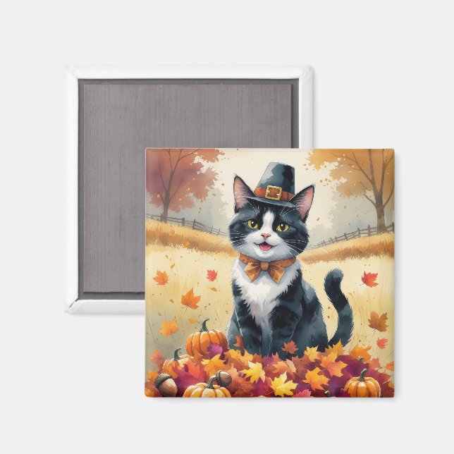 Aimant Chat Smoking en Feuilles d'Automne Art de Thanksgi (Recto/Verso)