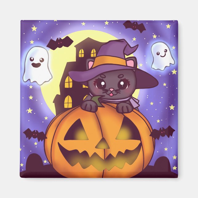 Aimant Chat-sorcier d'Halloween (Devant)