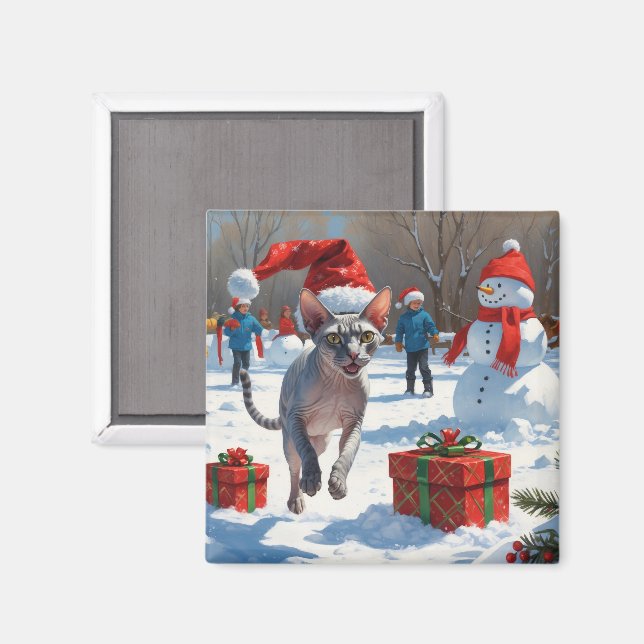 Aimant Chat Sphynx courant dans la neige avec un chapeau  (Recto/Verso)