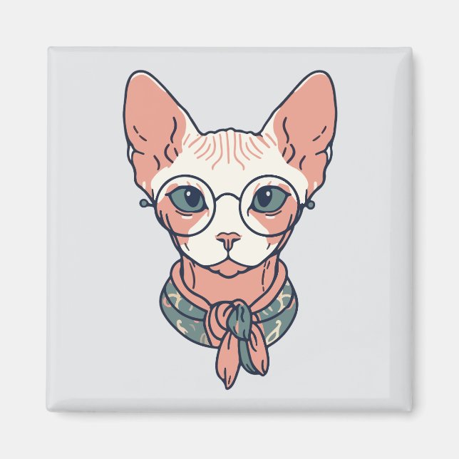 Aimant Chat Sphynx sans poils portant des lunettes (Devant)