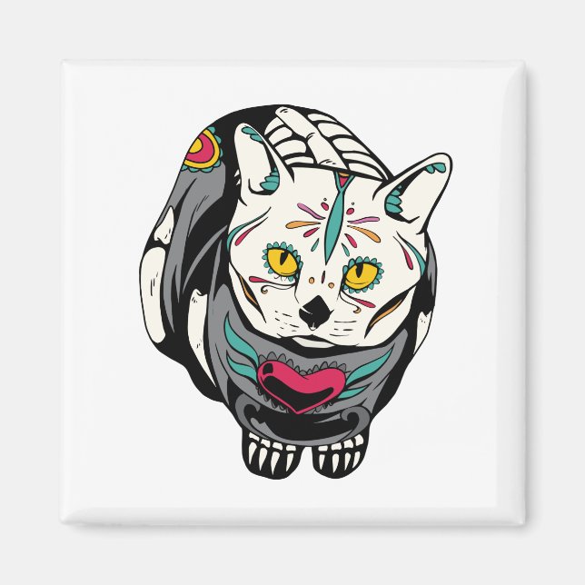 Aimant Chat squelette cadeau pour Dia de Muertos amateurs (Devant)