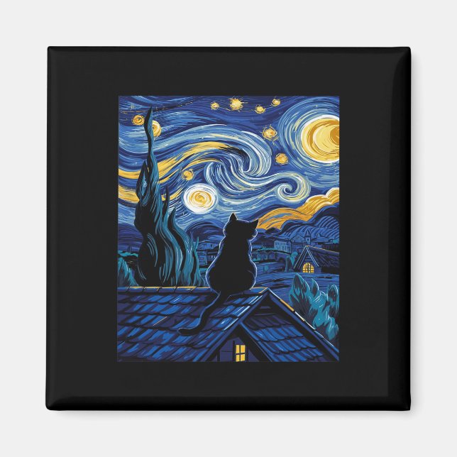 Aimant Chat Starry Nuit Van Gogh Chat Art Lover Drôle Cha (Devant)
