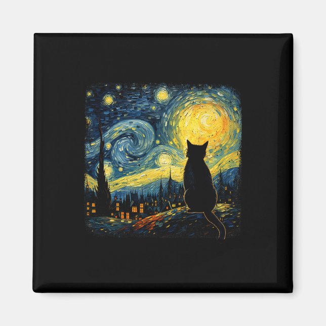 Aimant Chat Starry Nuit Van Gogh Chat pour Amoureux des c (Devant)