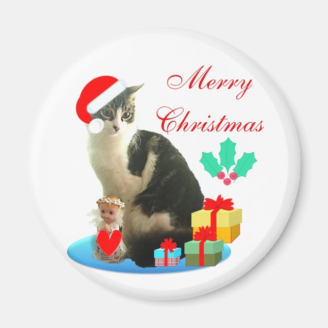 Aimant Chat tabby de Noël, petit ange & cadeaux (Devant)