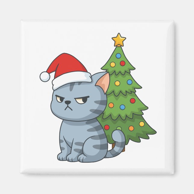 Aimant Chat tabby gris grincheux avec chapeau de Noël rou (Devant)