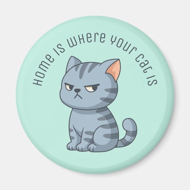 Aimant Chat tabby gris grincheux Texte personnalisé Vert (Devant)