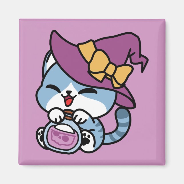 Aimant Chat Tabby Halloween – Chapeau de Sorcière & Art d (Devant)