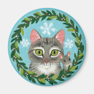 Aimant Chat tabby mignon, souris, neige d'hiver de Noël