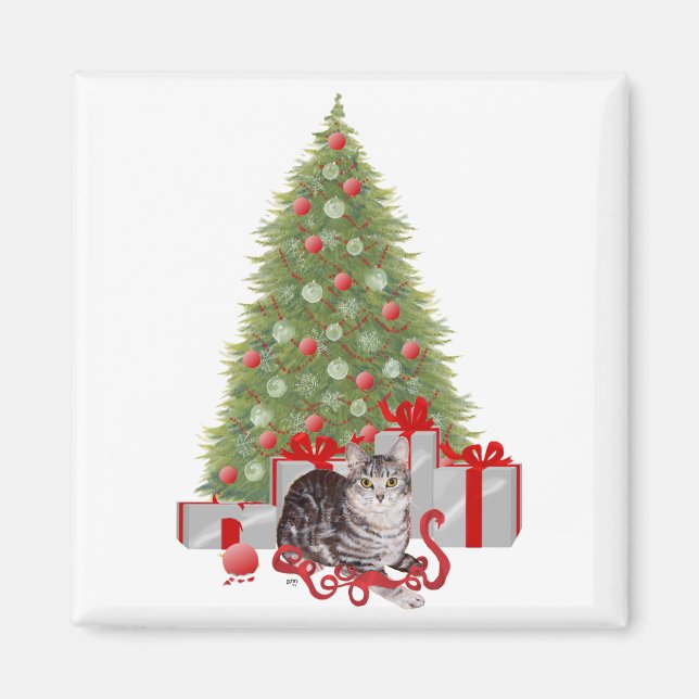 Aimant Chat tigré de Noël au sapin (Devant)