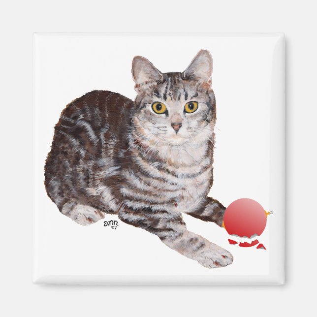 Aimant Chat tigré de Noël avec Ornanent (Devant)