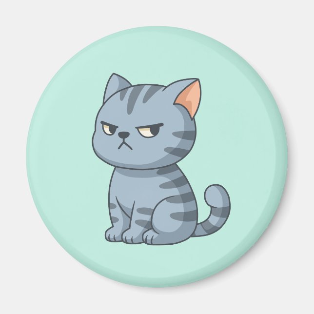 Aimant Chat tigré gris grincheux sur fond vert (Devant)
