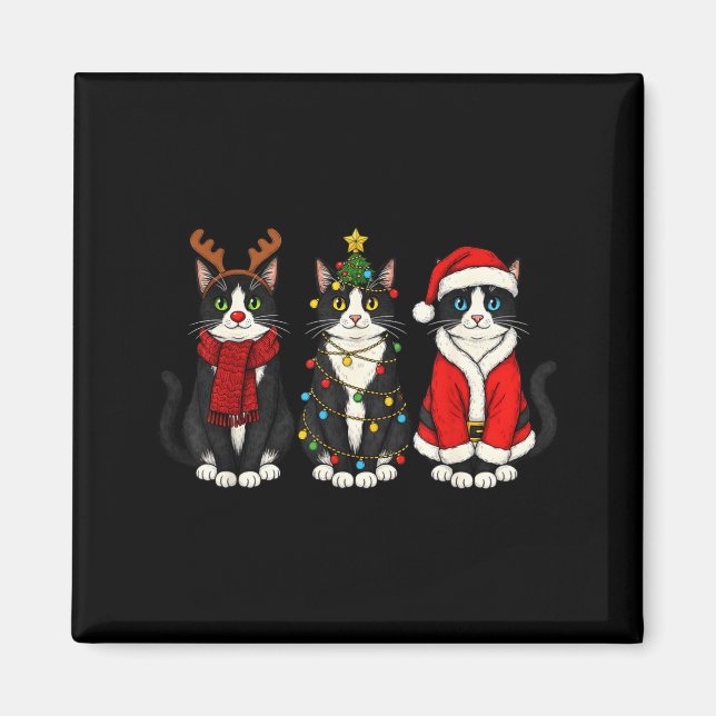 Aimant Chat Tuxedo de Noël Rétro Père Noël Renne  (Devant)