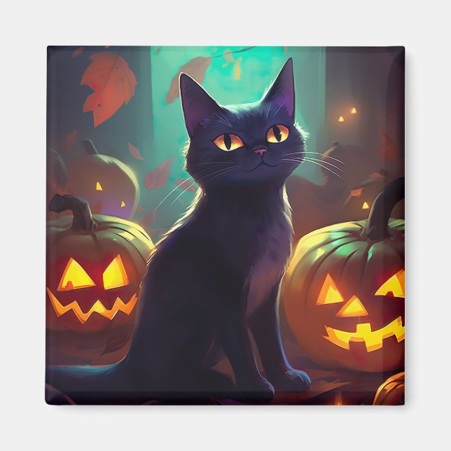 Aimant Chat Tuxedo d'Halloween avec citrouilles effrayant (Devant)