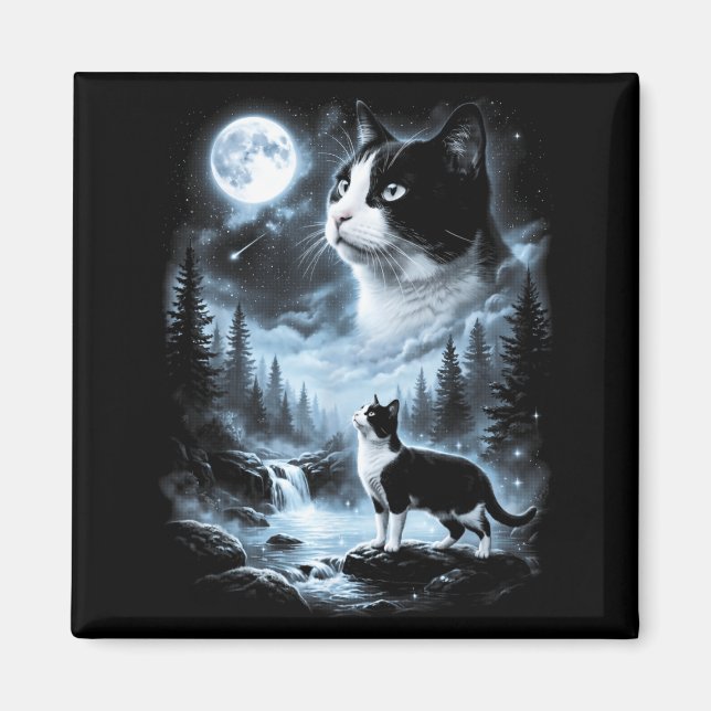 Aimant Chat Tuxedo Hurleur à la Lune Rétro 90 (Devant)