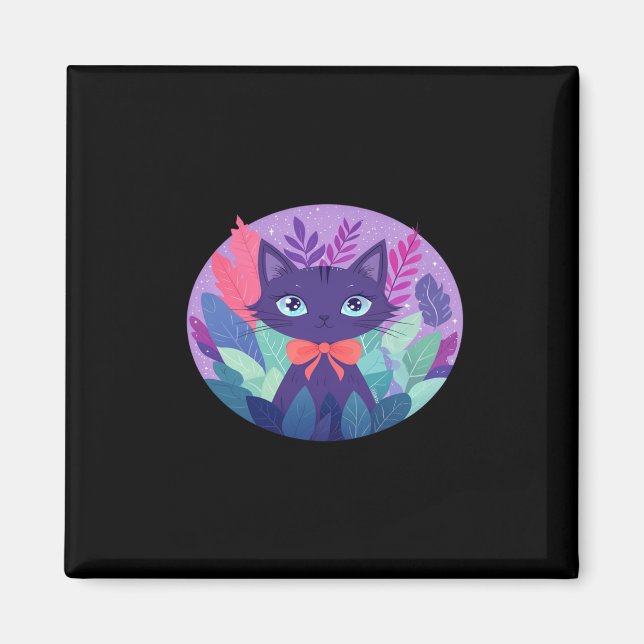 Aimant Chat Violet Pourpre Autocollant d'Art Numérique Ka (Devant)