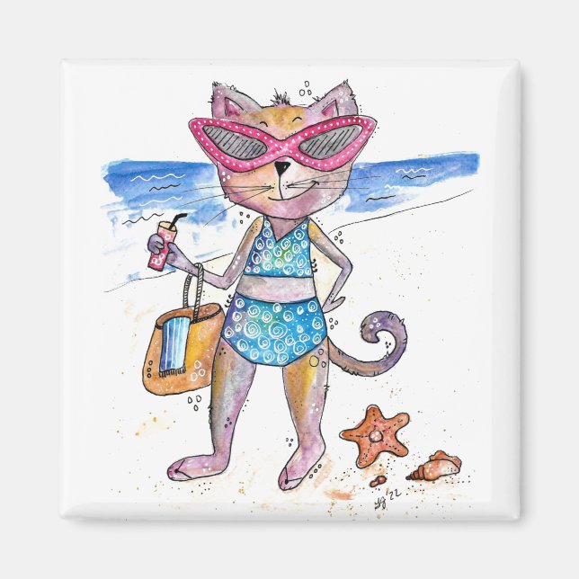 Aimant Chat Whimsical sur la plage (Devant)